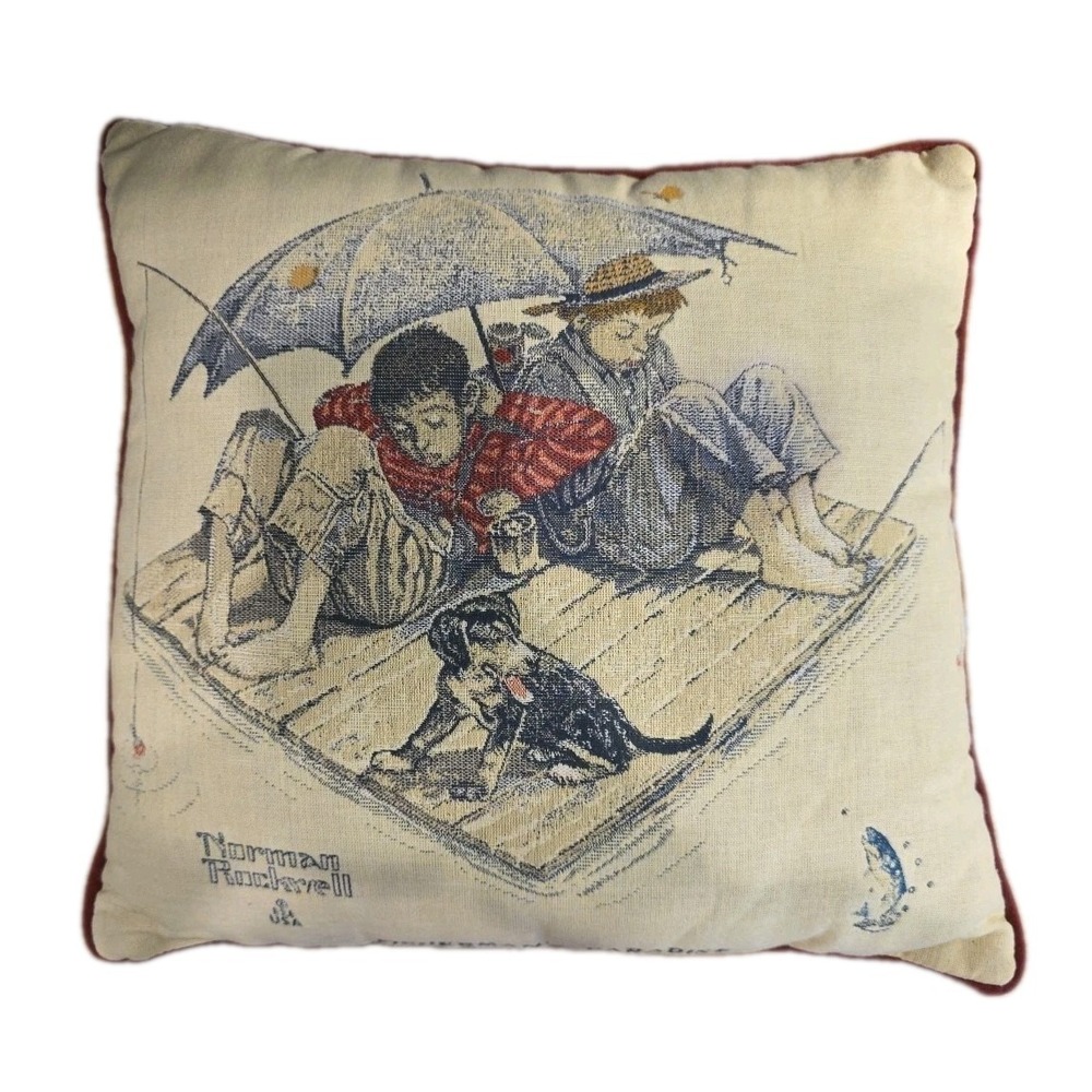 Vintage Norman Rockwell  15"×15" Fishing Themed Pillow‎ USA Made